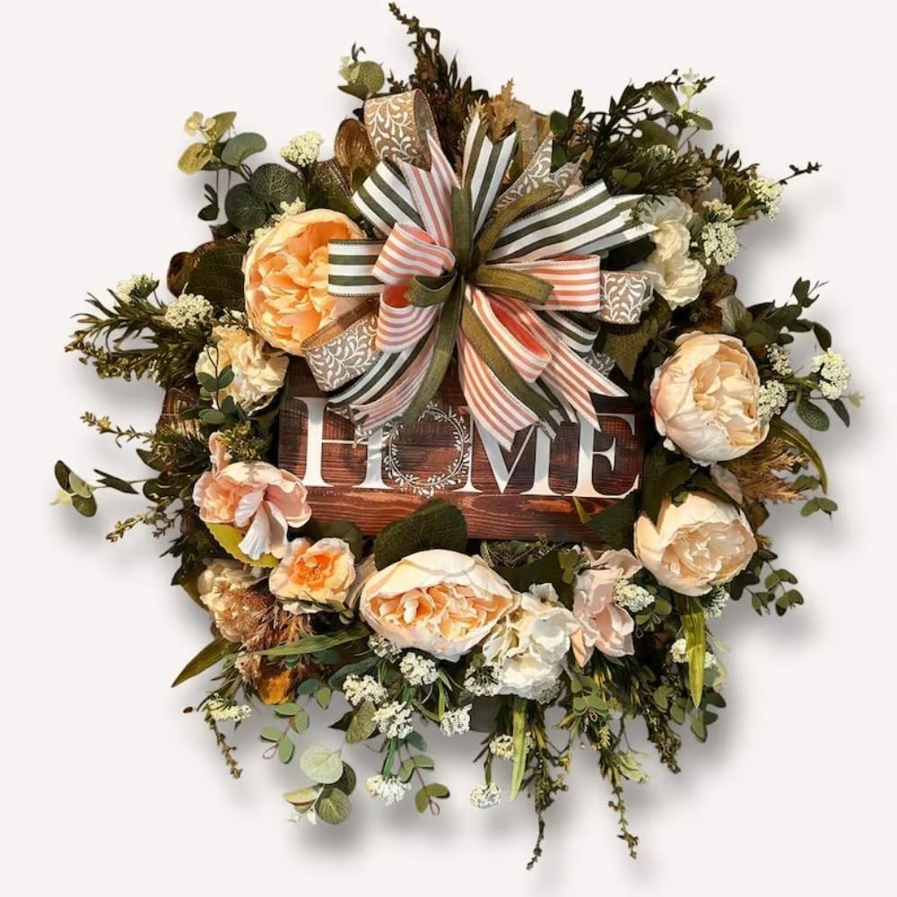 Peach Peony Wreath with Home Sign, Farmhouse Front Door Wreath for Spring Summer, Floral Welcome Wreath with Wooden Sign and Layered Bow for Porch Wall Decor