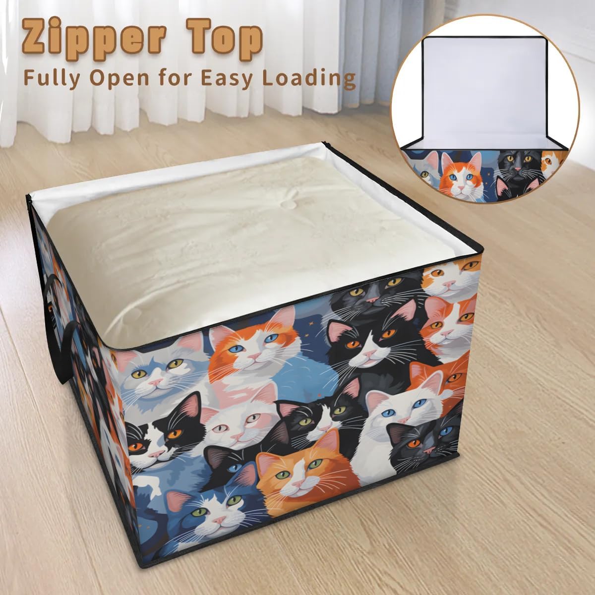 Honeybaby 214L Extra Large Comforter Storage Bag Cat Pattern Storage Totes with Lids Waterproof Closet Organizer Folding Blanket Storage Bags for Clothes Bedding Pillows