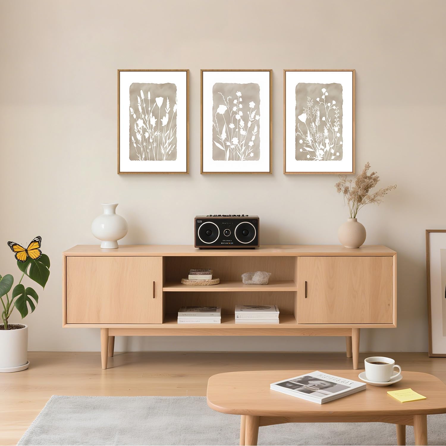 fwiexa neutral botanical canvas wall art set 3, minimalist boho wildflowr framed prints, beige floral paintings, 24x36in rustic plant artwork poster for farmhouse, gift, living room, bedroom, office neutral wildflower 24"l x 36"w