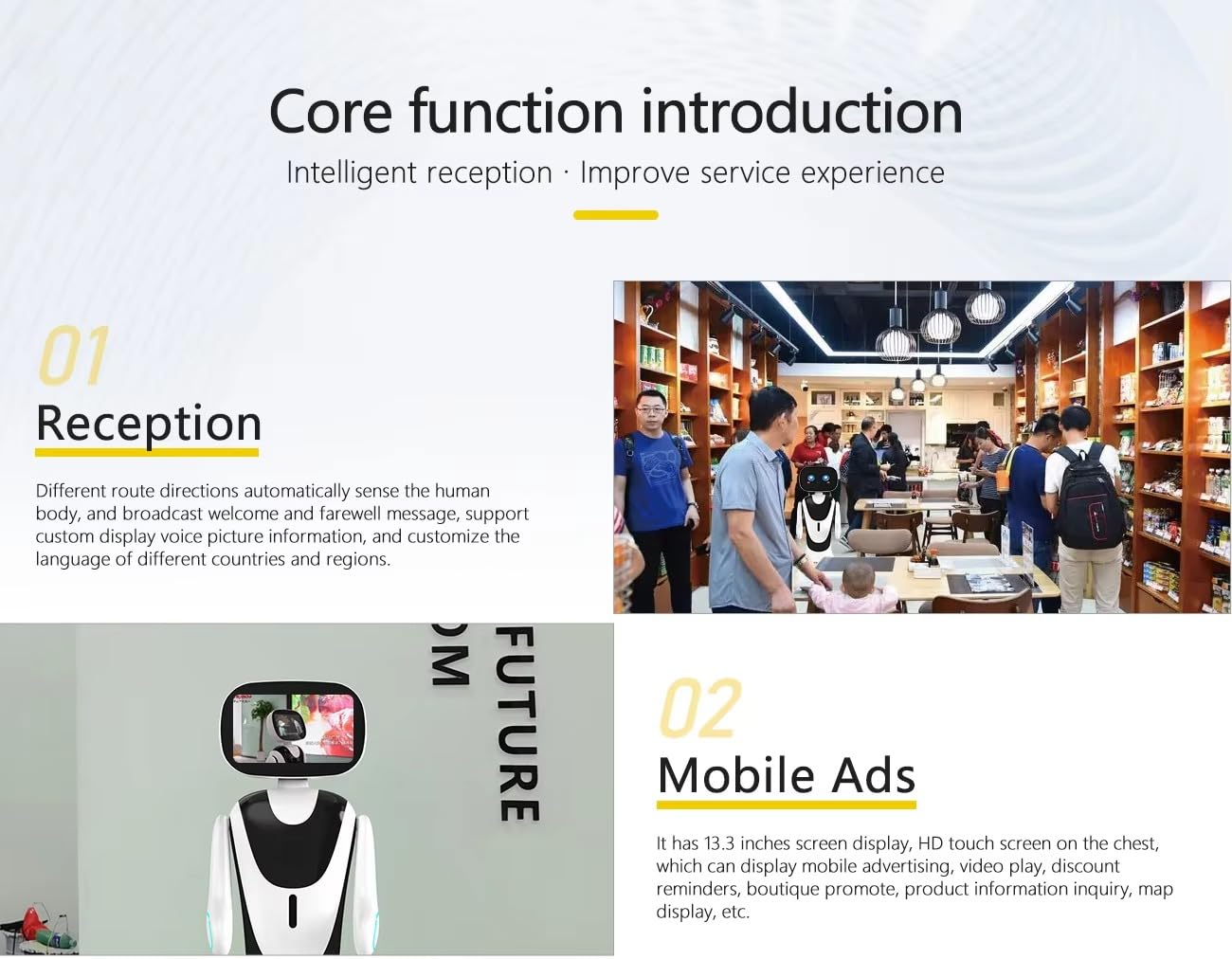 Robot de guía inteligente móvil. El robot tiene capacidades multilingües de reconocimiento de voz y difusión, así como traducción del idioma, lo que lo hace perfectamente adecuado para museos