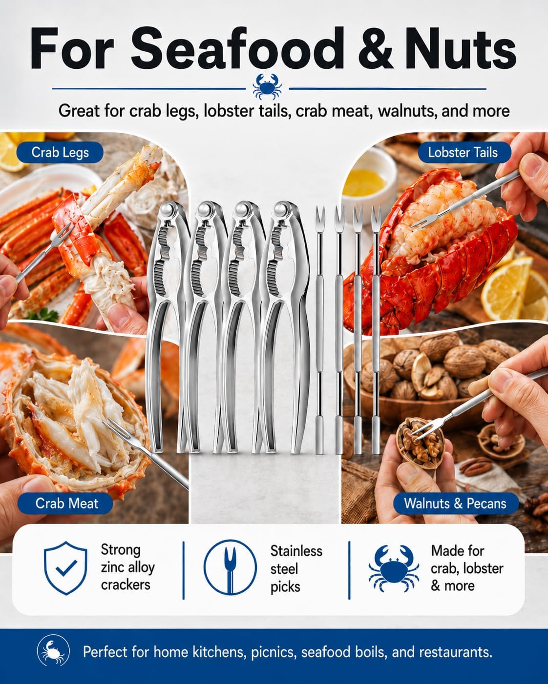 8Pcs Seafood Tools Set, Crab Crackers & Picks, Lobster Crackers