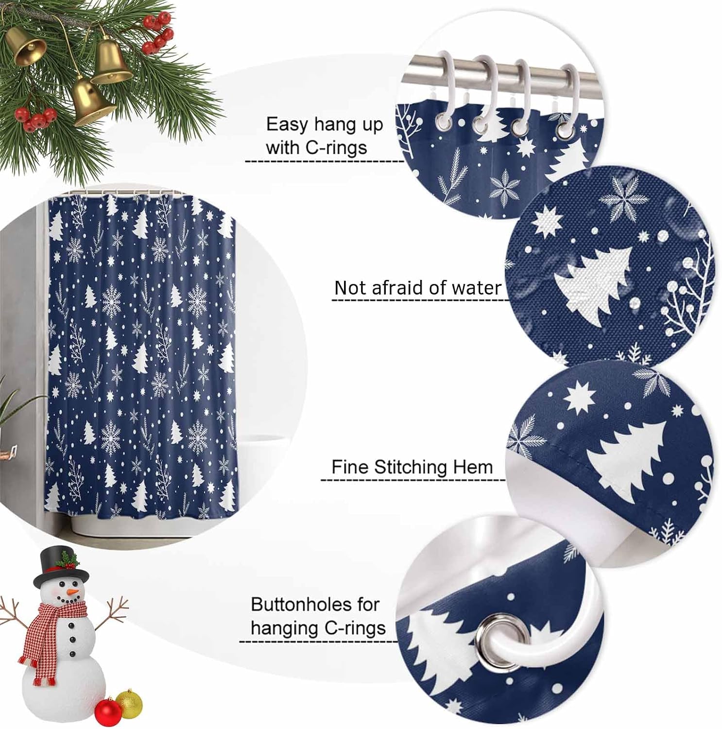Navy Blue Christmas Shower Curtain Set - Standard Waterproof Shower Curtain 72 x 72 Inch, Xmas Trees Snowflake Winter Botanical Polyester Fabric Bathroom Curtains with 12 Hooks, Bathroom Accessories