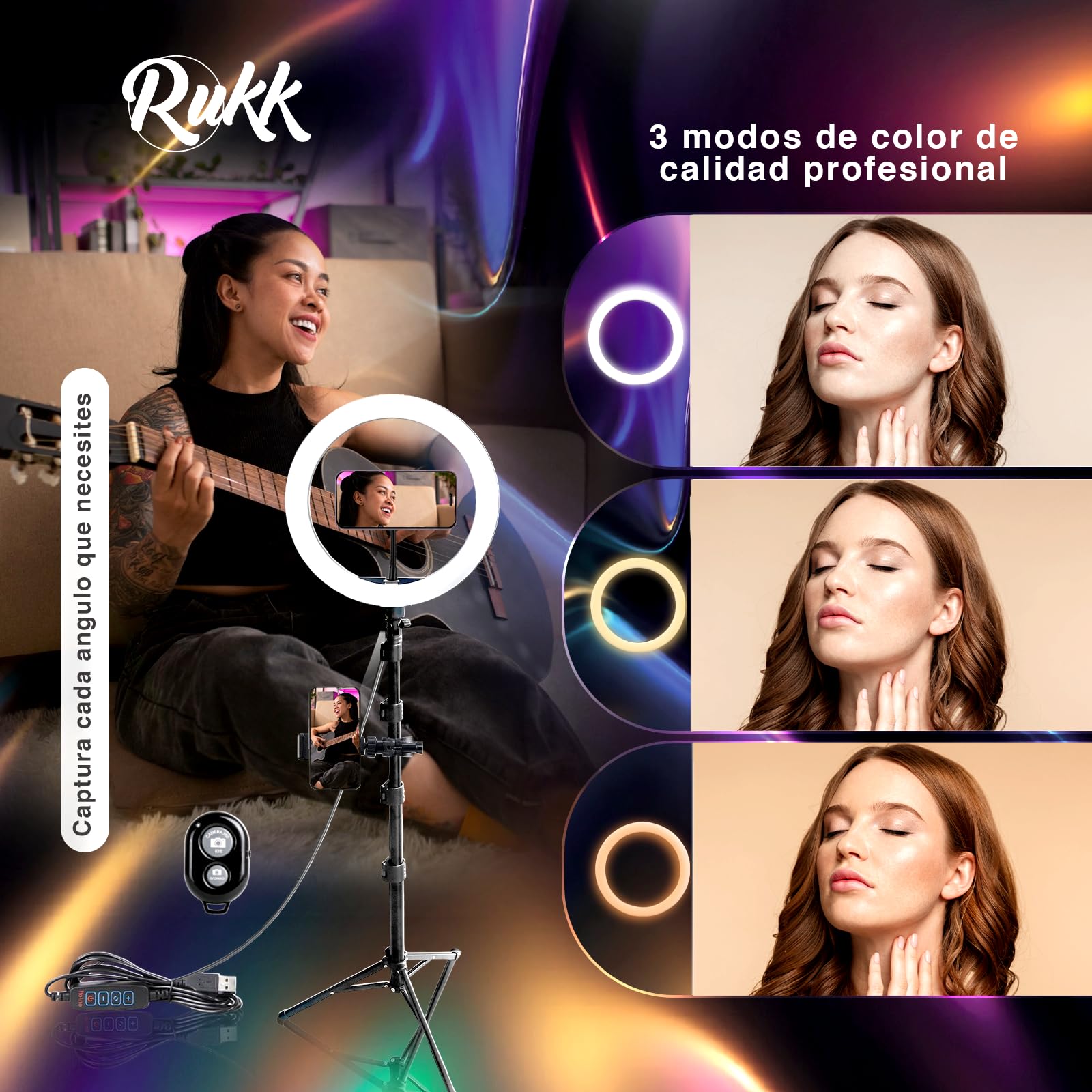 RUKK Aro de Luz con Trípode Extensible 160cm - Anillo de Luz LED 10” para Móvil (3 Modos, 10 Brillos) con Control Remoto Bluetooth - Ring Light Profesional para TikTok, Maquillaje y Youtube