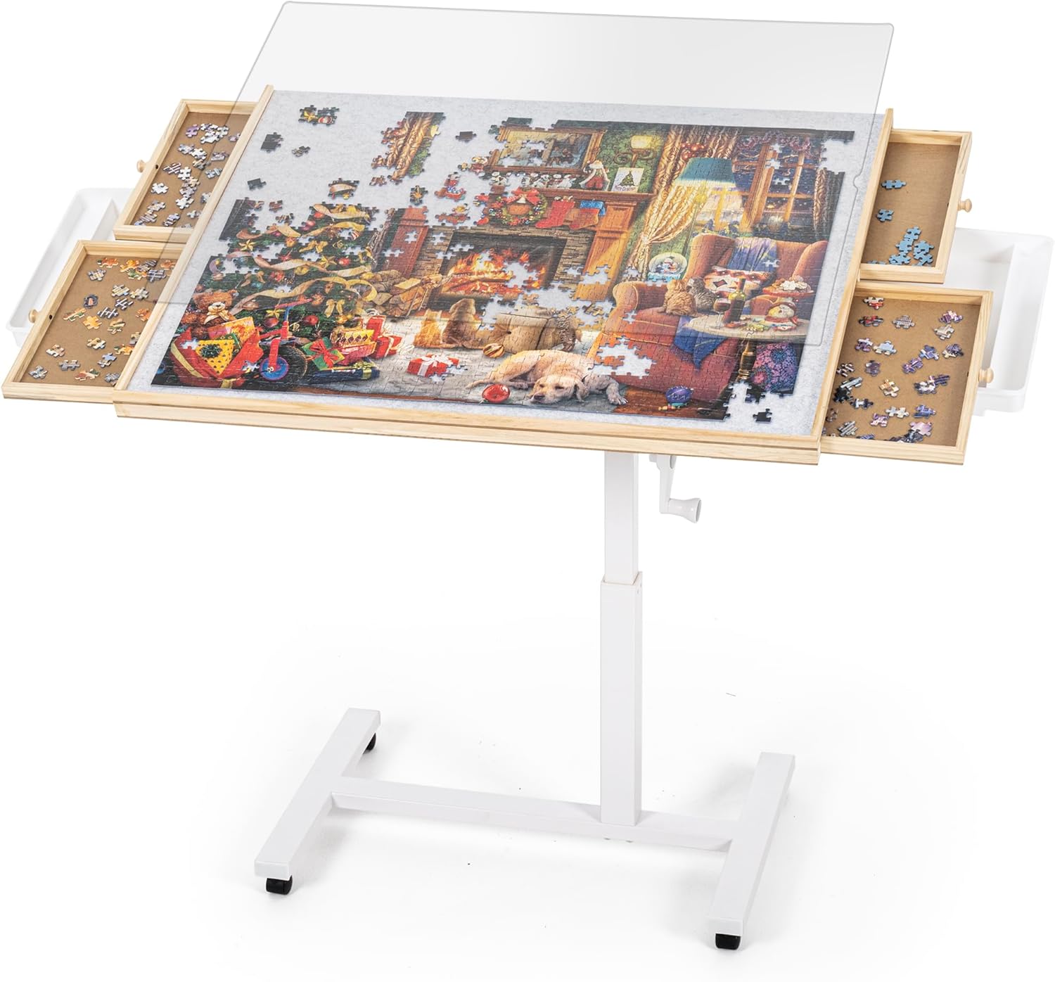 ropoda 1500 PCS Jigsaw Puzzle Table with Drawers and Single-Pedestal,35"x 26.8" Angle & Height Adjustable Wooden Puzzle Borad with 6 Drawers &Cover& 4 Roller Wheels