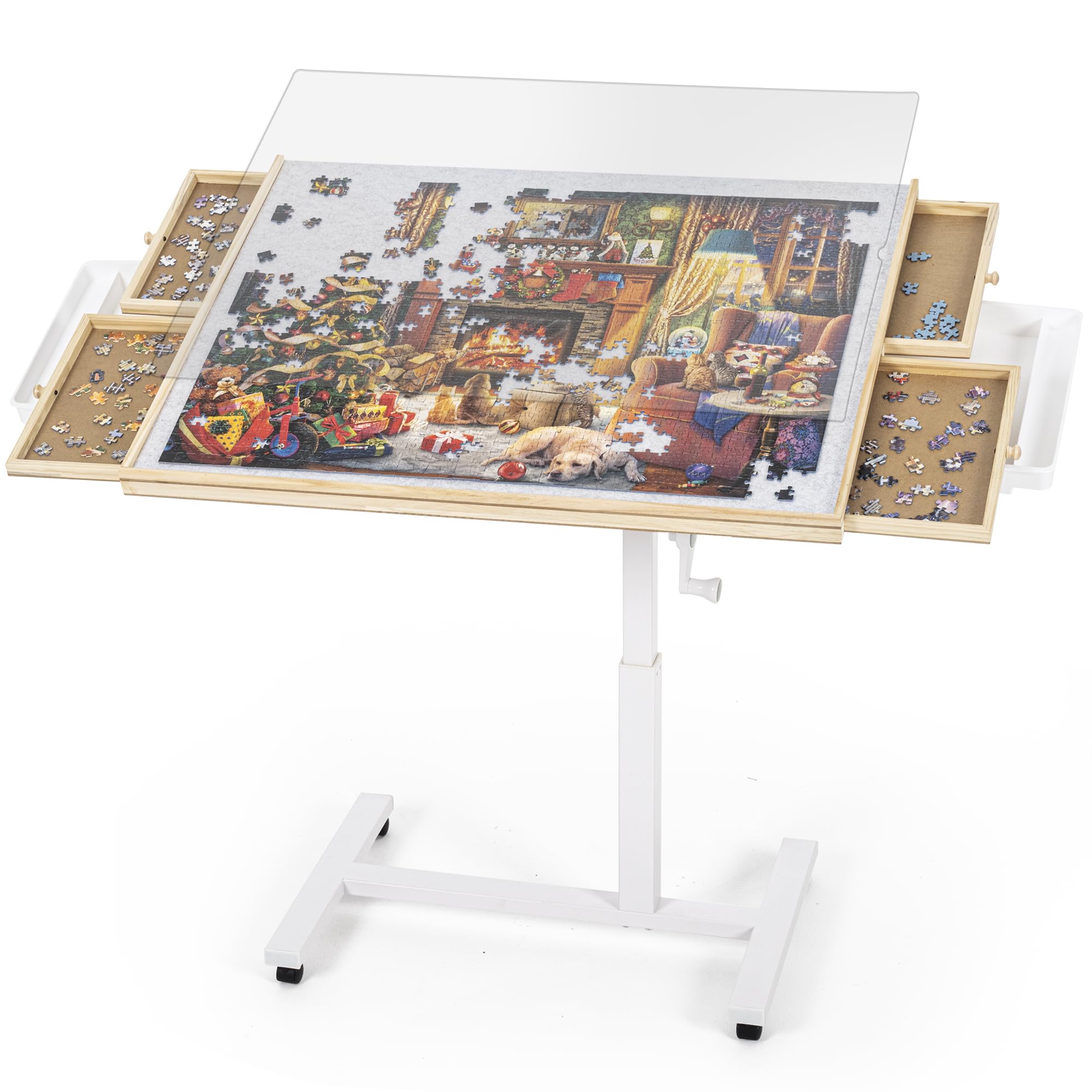 ROPODA Mesa Puzzle de 1500 Piezas, Tablero de Rompecabezas con Ajuste de Ángulo y Altura, Mesa de Rompecabezas con Seis Cajones, Tapa y Cuatro Ruedas, Puzzle Table con Pedestal Único, 89 x 68 cm