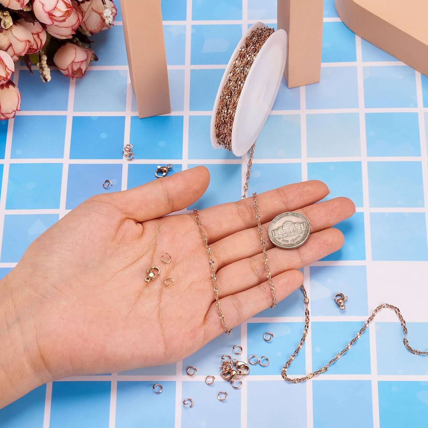 Cheriswelry 16.4 Feet Rose Gold Stainless Steel Chains Dapped Jewelry Making Chains Necklace Chains Bracelet Oval Link Chains 4x2mm with 5pcs Lobster Claw Clasps & 20pcs Jump Rings - Image 5