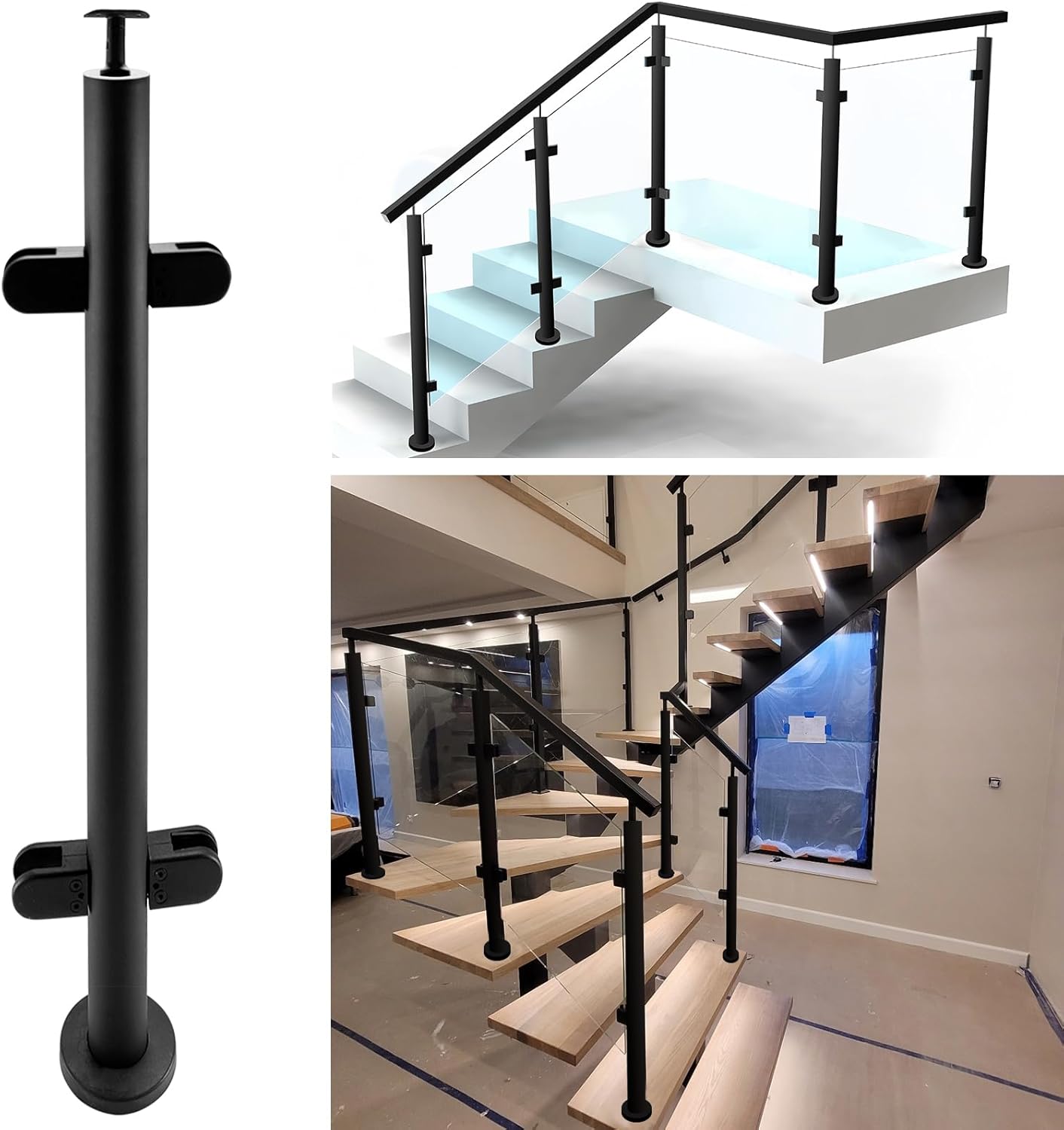 43.5" Round Glass Railing Middle Post with Top Handrail Brackets,304 Stainless Steel Glass Balustrade Black Post System with 2 Clamps for Indoor & Outdoor Deck,Balcony,Attic,Staircase(Black)