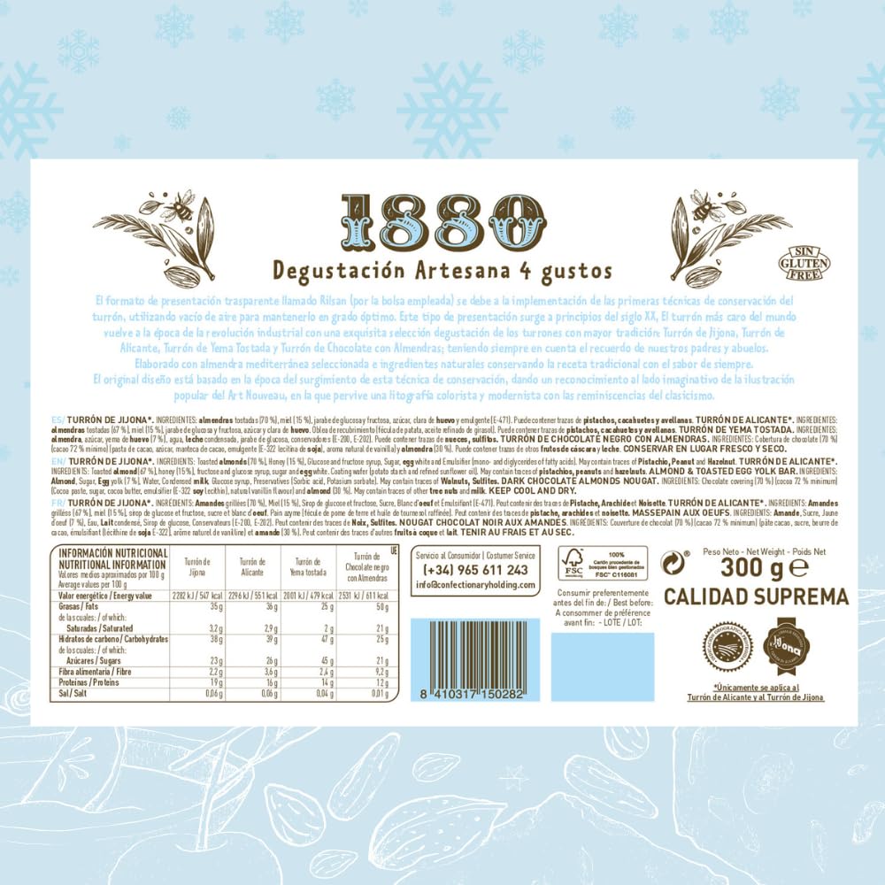 1880 - Degustación Turrones Artesana 4 gustos, Turrón de jijona, de Alicante, de Yema, de Chocolate, 4 x 75g, Pack de 300g