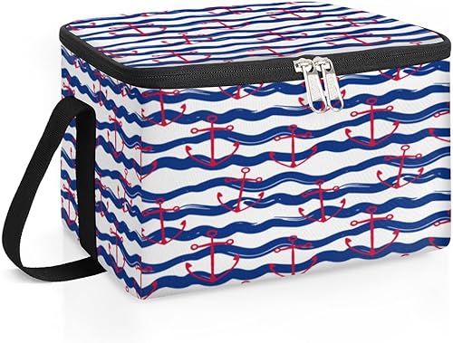 Miniatura 2 de QsirBC Bolsa de almuerzo con aislamiento a rayas de fondo ancla para mujer, reutilizable, bolsa cuadrada de comida para adultos y hombres, lonchera