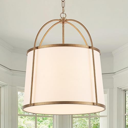 Rustic Modern Chandelier for Entryway, Dining Room Chandelier with Off-White Fabric Shade, Gold Pendant Light Fixture for Bedroom Kitchen Farmhouse