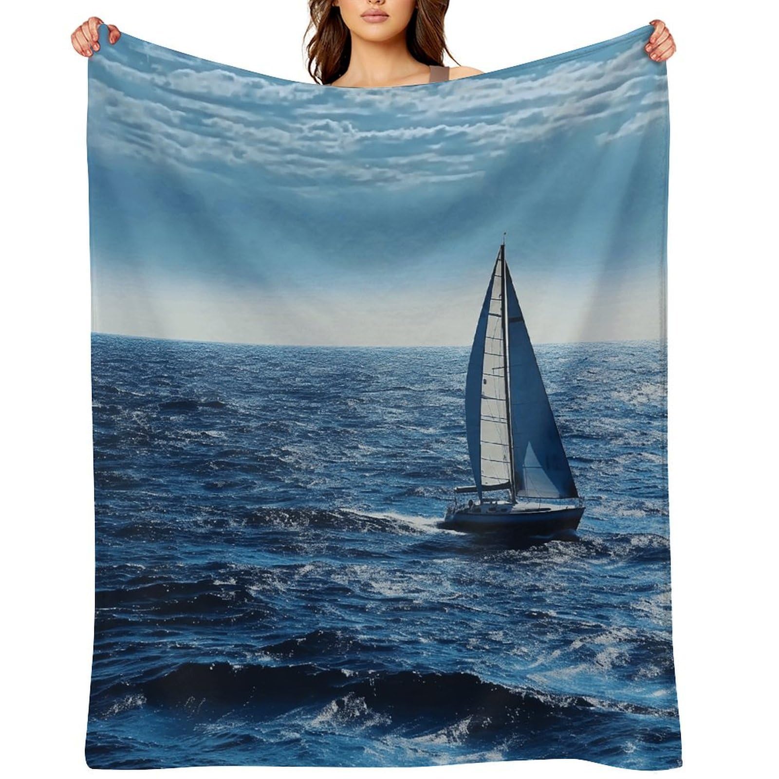 Blue Sea Sailboat Throw Blanket for Couch and Bed Super Soft Warm Lightweight Throw Blankets Cozy Fuzzy Flannel Blanket Personalized Decorative Blankets for Sofa Decor 30"x40"