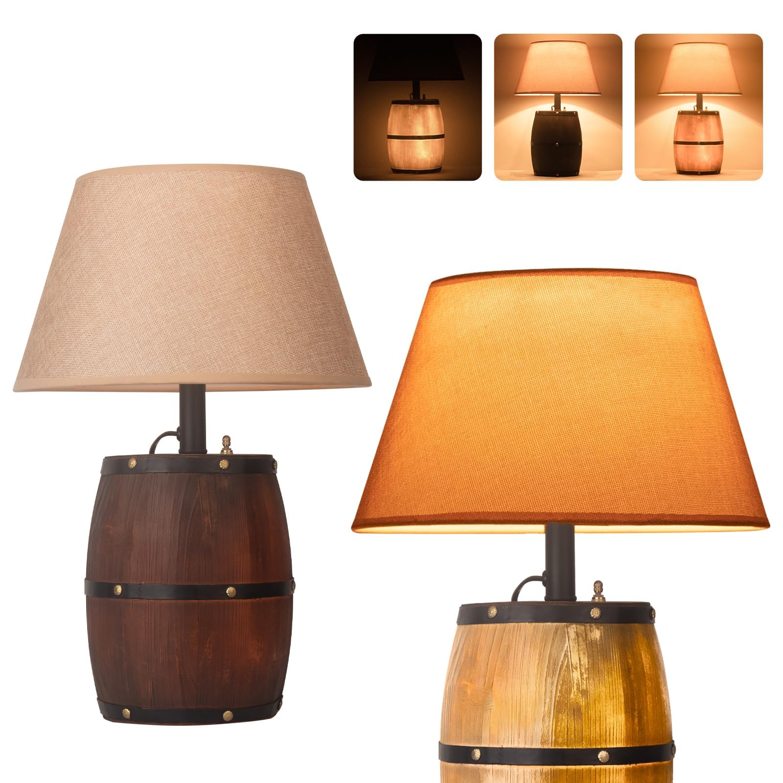 JCPYIUL Antike hölzerne Weinfass-Tischlampe,Tischlampe landhausstil,Einstellbare drei Beleuchtungsmodi,Schreibtischlampe Mid Century Modern für Schlafzimmer,Nachttisch