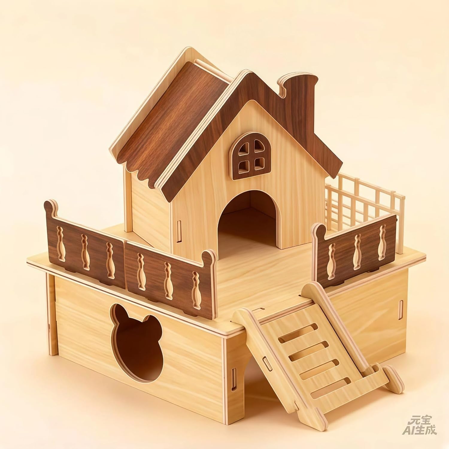 Wooden Hamster Platform with Hideout House – Small Animal Cage Accessory with Climbing Ladder – Dwarf & Syrian Hamster Hideaway for Food Bowl – Natural Wood Gerbil Castle for Cage Enrichment