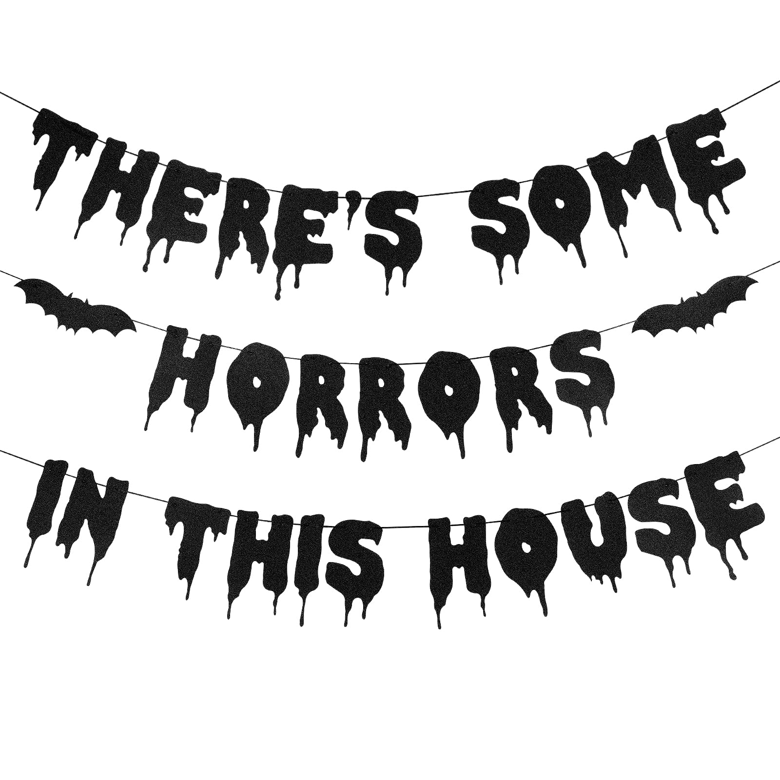 There's Some Horrors In This House Banner Black Glitter, Halloween Horror Party Banner Haunted Mansion Banner for Horror Halloween Home Office Fireplace Mantle Decor