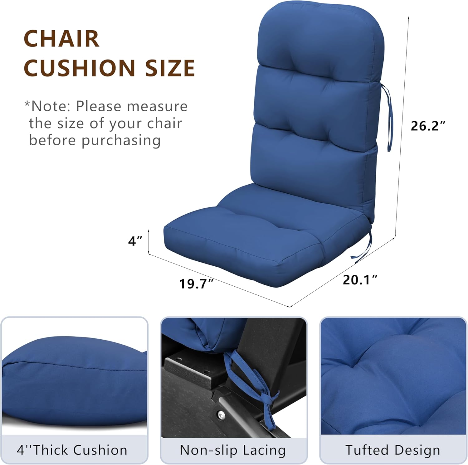 Adirondack Chair Cushion Set of 2, High Back Rocking Chairs Cushions, Waterproof All-Weather Rocker Chairs Cushion for Outdoor Patio Garden Porch, 46.3''L x 19.7''W x 4''H (Navy Blue, 2PCS)