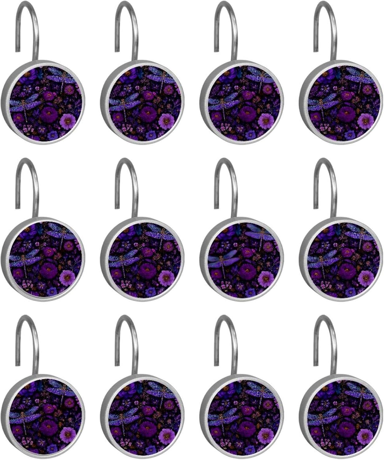 12PCS Purple Dragonfly Wildflowers Floral Herb (1) Shower Curtain Hooks Metal Rust Resistant Decorative Shower Curtain Hooks Bathroom Decorations