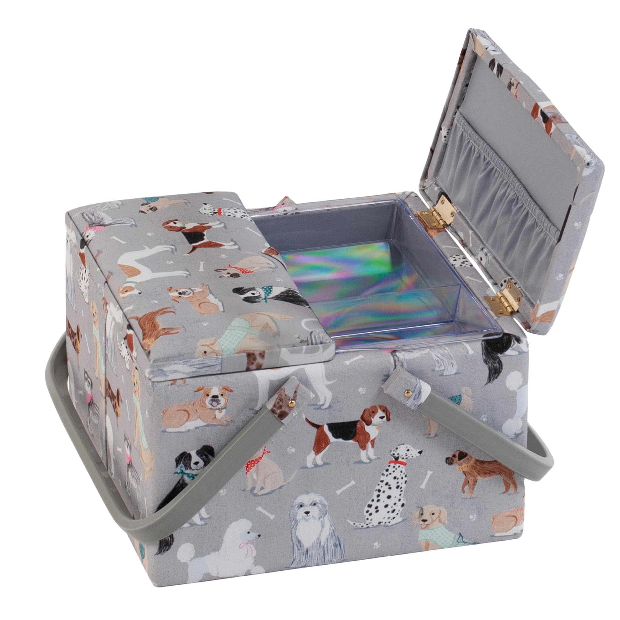 Hobby Gift Ekskluzywne duże pudełko do szycia z podwójną pokrywą, pudełko do przechowywania rękodzieła, taca na akcesoria, poduszka na szpilki, uchwyty pcv, 25 x 25 x 17 cm, szare psy