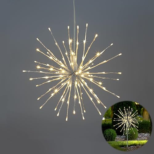 Miniatura 10 de Lightshare Bola iluminada de 24 pulgadas, 160 luces LED de fuegos artificiales, color blanco cálido, bola colgante de doble uso para patio,