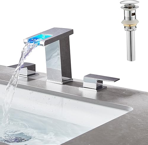 Skybathjoy Grifo de lavabo de baño de luz LED, 3 agujeros, boquilla de cascada, 3 colores cambiantes, con montaje de drenaje y mangueras, grifos de