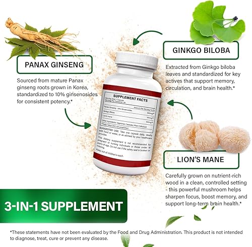 Miniatura 4 de Panax Ginseng (10% de ginsenósidos), ginkgo biloba y melena de leones, 750 mg - Suplementos cerebrales nootrópicos para memoria y enfoque, claridad,