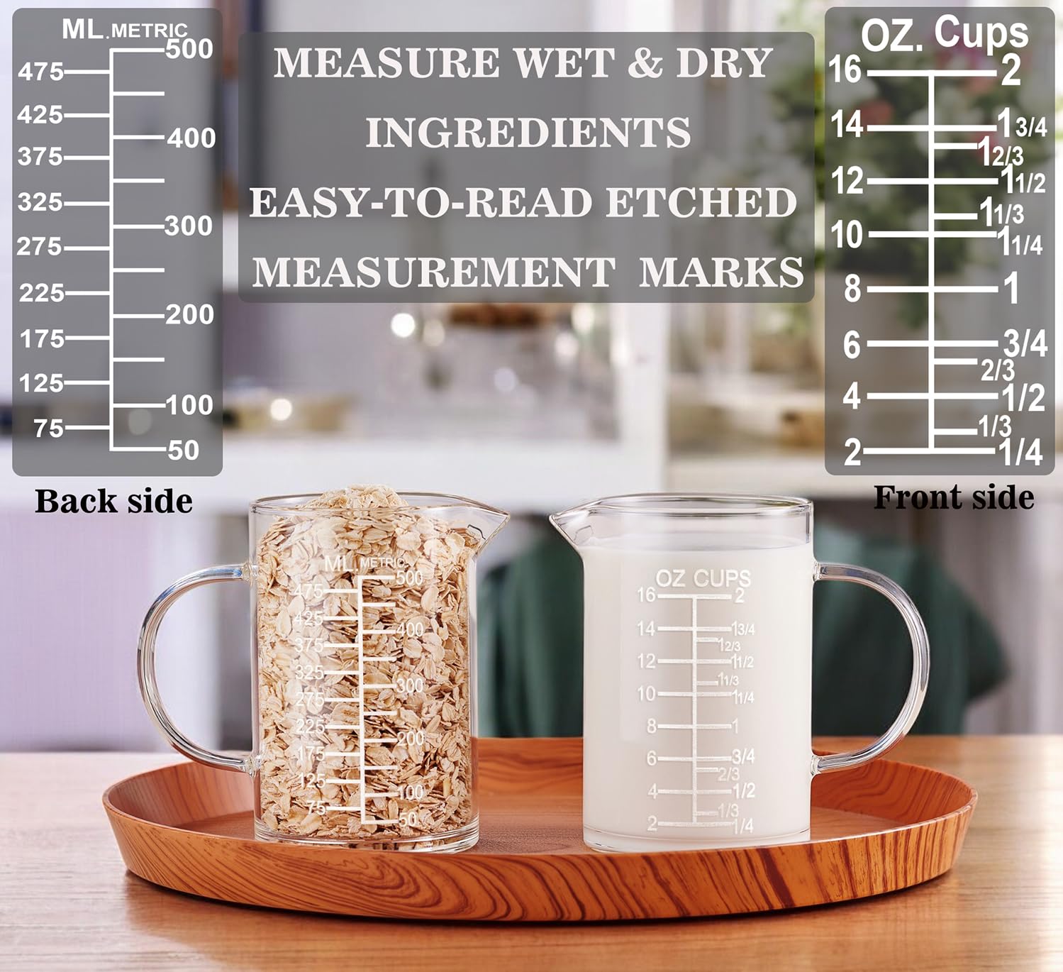 Taza medidora de vidrio graduado grabado, mango aislado, boquilla en forma de V, taza medidora de vidrio de borosilicato alto para cocina o comedor, fácil de leer, 500 ml (16 onzas, 2 tazas)