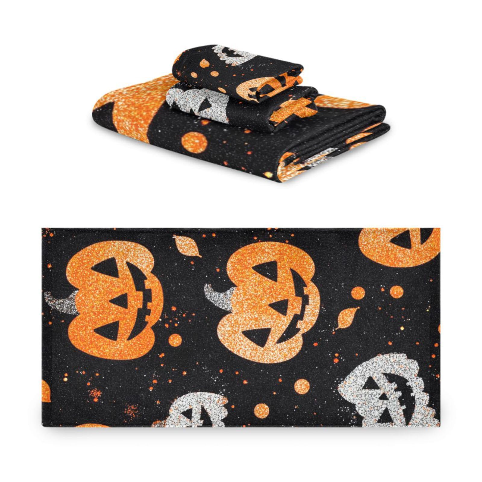 Halloween błyszczące dynie czyszczenie ręczników do twarzy zestaw 3 sztuk, 1 ręcznik kąpielowy 1 ręcznik do rąk 1 myjka do domu kuchni rodziny