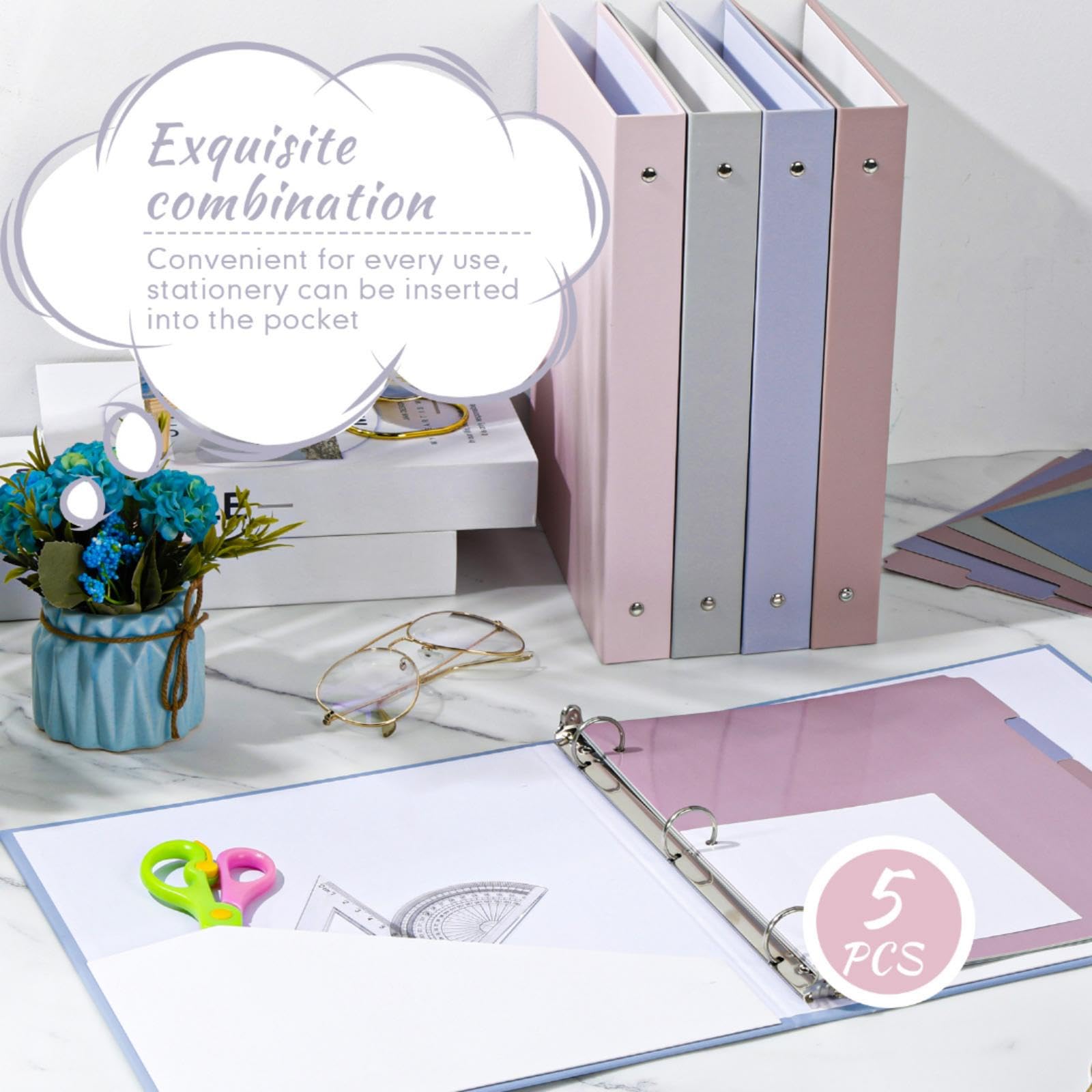 Ctosree 5 set di raccoglitori a 3 anelli da 2,5 cm, con 2 tasche con 5 divisori per linguette, pellicola di plastica e etichette per cartelle di file per carta formato lettera, scuola, ufficio, casa,