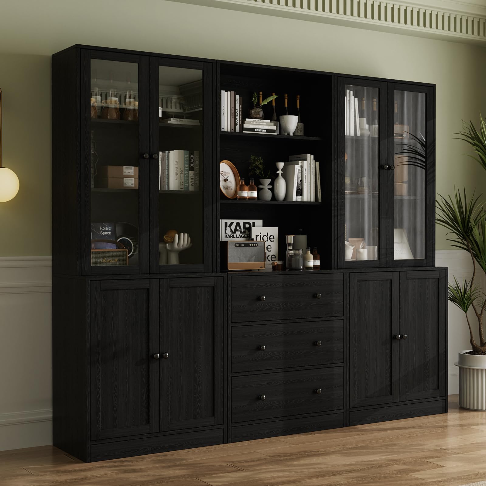 VOWNER 5-stöckiges Bücherregal mit Glastüren, 180 cm Vitrinenschrank, Küchenschränke, Küchenschrank Hochschrank, Buffetschrank für Küche, Wohnzimmer, Esszimmer, 4PCS (Schwarz)