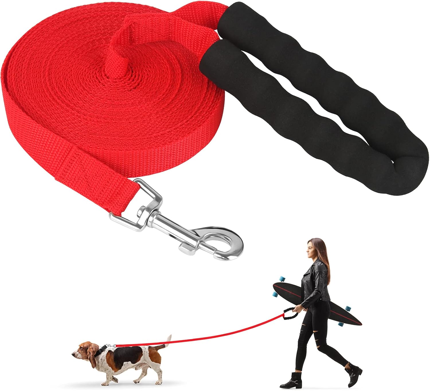 Correa Perro Adiestramiento, Cuerda de Correa de 10M de Larga, Duradera de Correa Perro Anti Tirones con Asa Acolchada Cómoda, Hebilla Resistente, Cuerda para Todos los Perros con Manos Libres(Rojo)