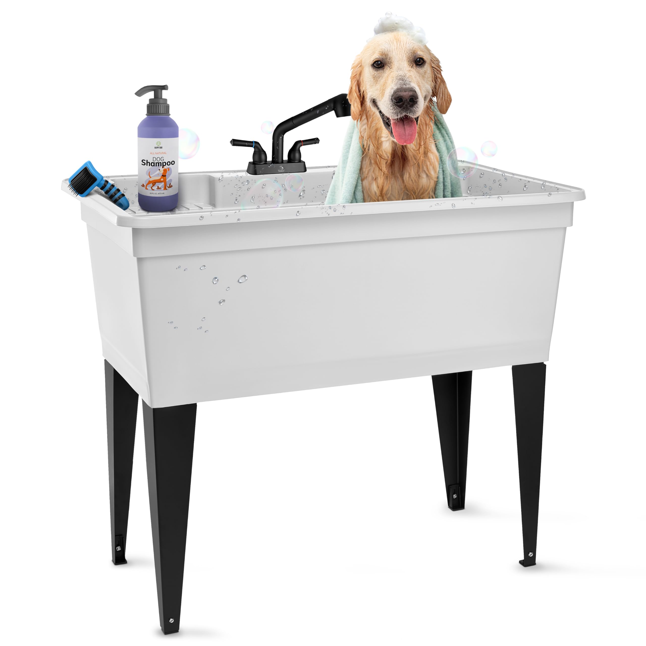 Tehila Freestanding Double-Wide Utility Sink with Steel Legs &amp; Black Pull-Out Faucet, Multi-Purpose Heavy-Duty Laundry Tub and Kitchen Sink for Homes &amp; Business, White