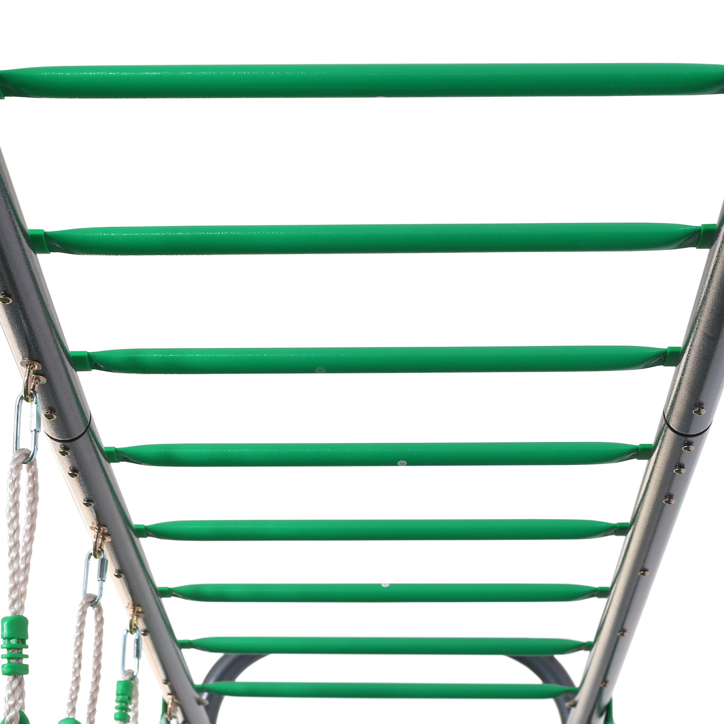 HyperMotion Gartenschaukel-Set XXL: 2 Schaukelsitze, Kletterleiter und Turntrapez - Stabiler Stahlrahmen belastbar bis 150 kg - Outdoor-Spielgerät für den Garten