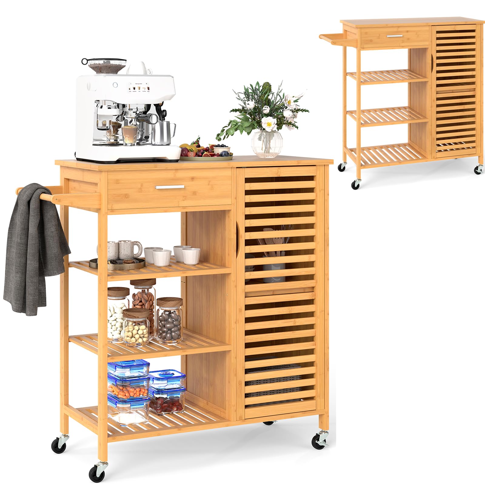KOMFOTTEU Carrito de Cocina de Bambú, Carrito Auxiliar con Cajón, 3 Estantes Abiertos, Armario con Puerta, Toallero, Isla de Cocina con Ruedas Bloqueables, para Comedor, Bar, Natural | Isla de cocina natural con 3 estantes abiertos, armario de puerta y to