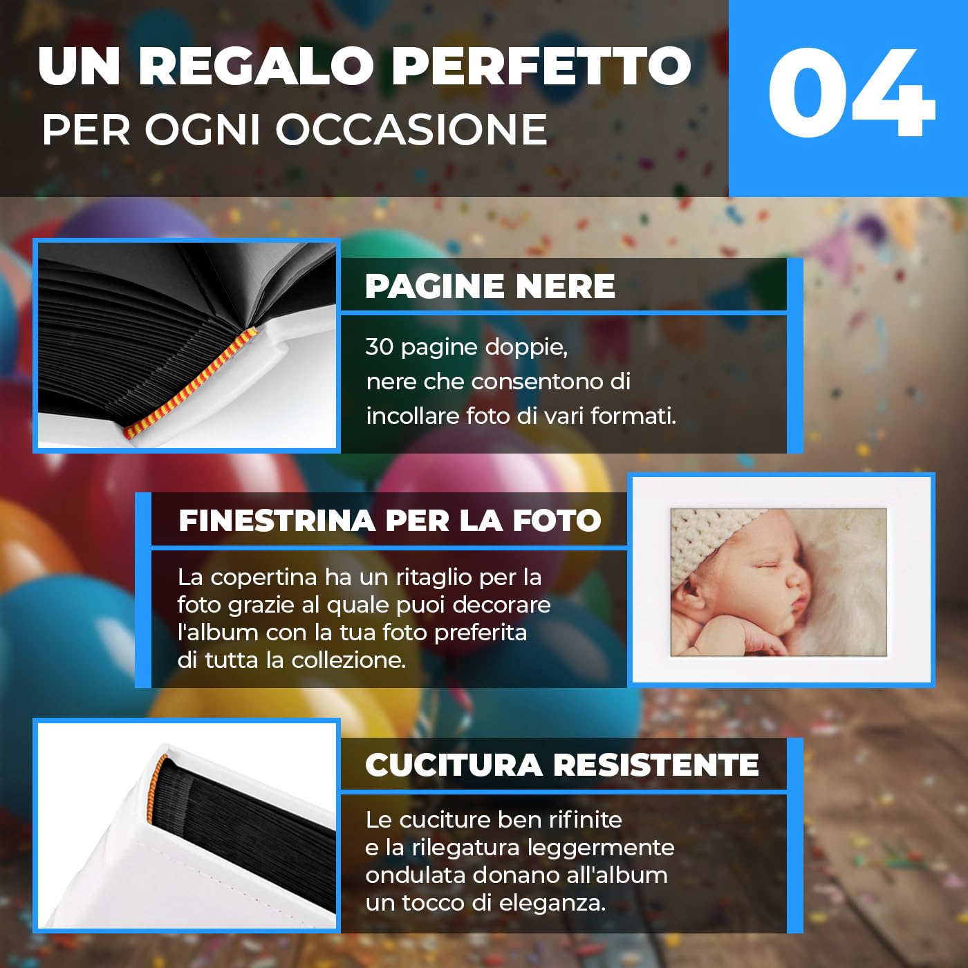 Maverton Album Fotografico Personalizzato | Copertina in Pelle Sintetica con Finestra per Foto, 60 pagine, 240 foto 10x15cm, idee regalo neonato, compleanno, 365 giorni