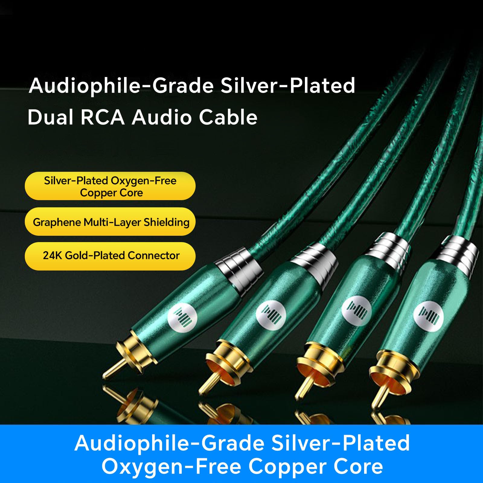 Cavo coassiale audio digitale M/M [placcato in argento | nucleo in rame | 17AWG], cavo coassiale RCA, 2RCA maschio a 2RCA maschio L/R, cavo audio coassiale digitale, smeraldo