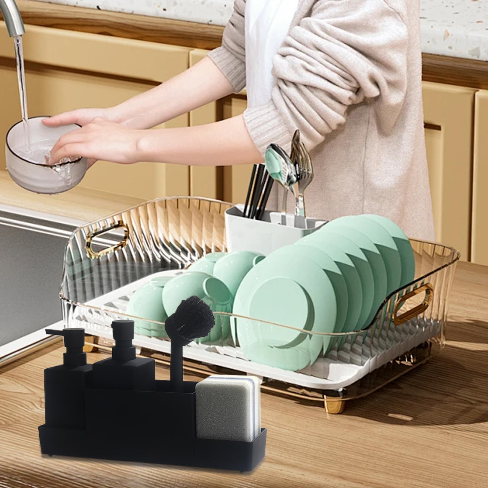 Set dispenser di sapone da cucina 2 pezzi, dispenser da 11, 8 once con spugne