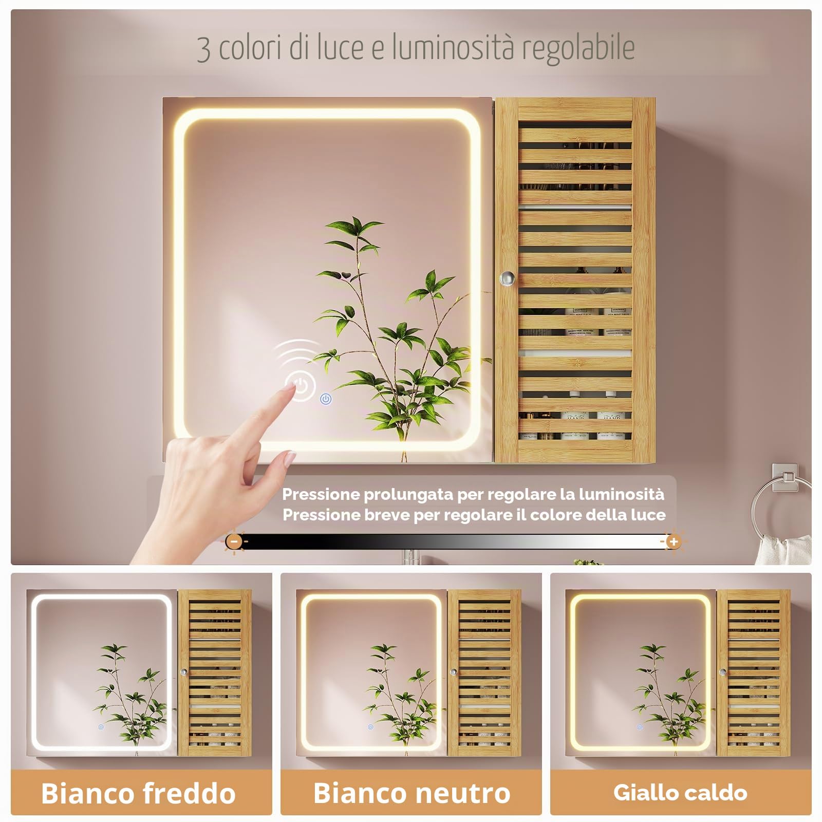 Specchio Bagno con 2 Ante, Specchiera Bagno con Illuminazione LED Dimmabile a 3 Temperature di Colore, Specchio Contenitore Bagno con 4 Ripiani Regolabili, 80×16×60 cm