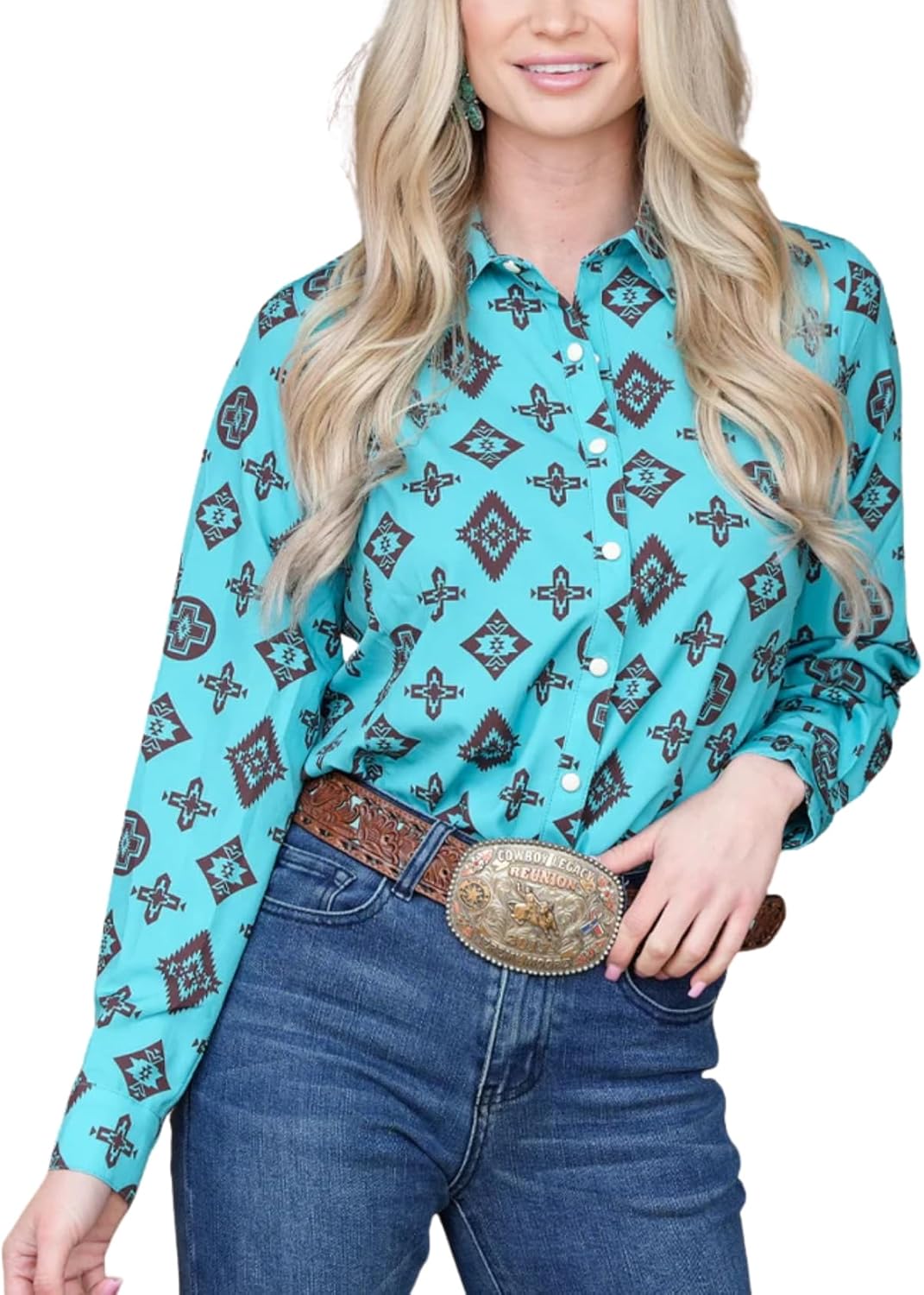 Womens Aztec Pearl Snap Shirts Rodeo Western Show Tops Lapel Button Up Blouse Long Sleeve Cowgirl Tunic