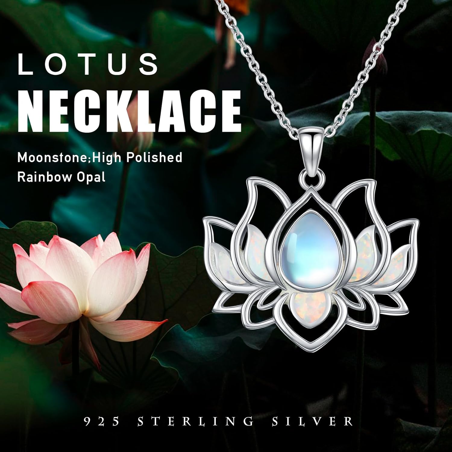 Lotus Necklace 925 Sterling Silver Moonstone Opal Pendant Necklace Flower Lotus Jewelry for Women Mom Daughter - Image 6