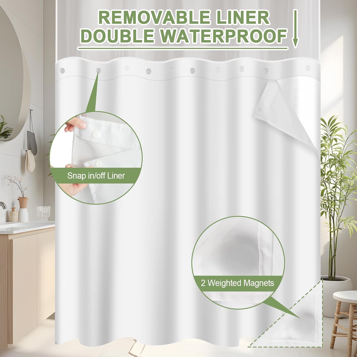 No Hook Shower Curtain with Snap in Liner and Sheer Window, Modern Hotel Style Shower Curtain Set for Bathroom Decor, Washable and Quick Install, Green and White, 71 X 84 Inches