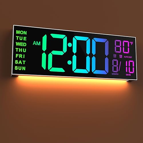 JALL Reloj de pared digital grande de 16 pulgadas con control remoto, alarma doble con pantalla LED grande, 8 colores RGB, DST automático,