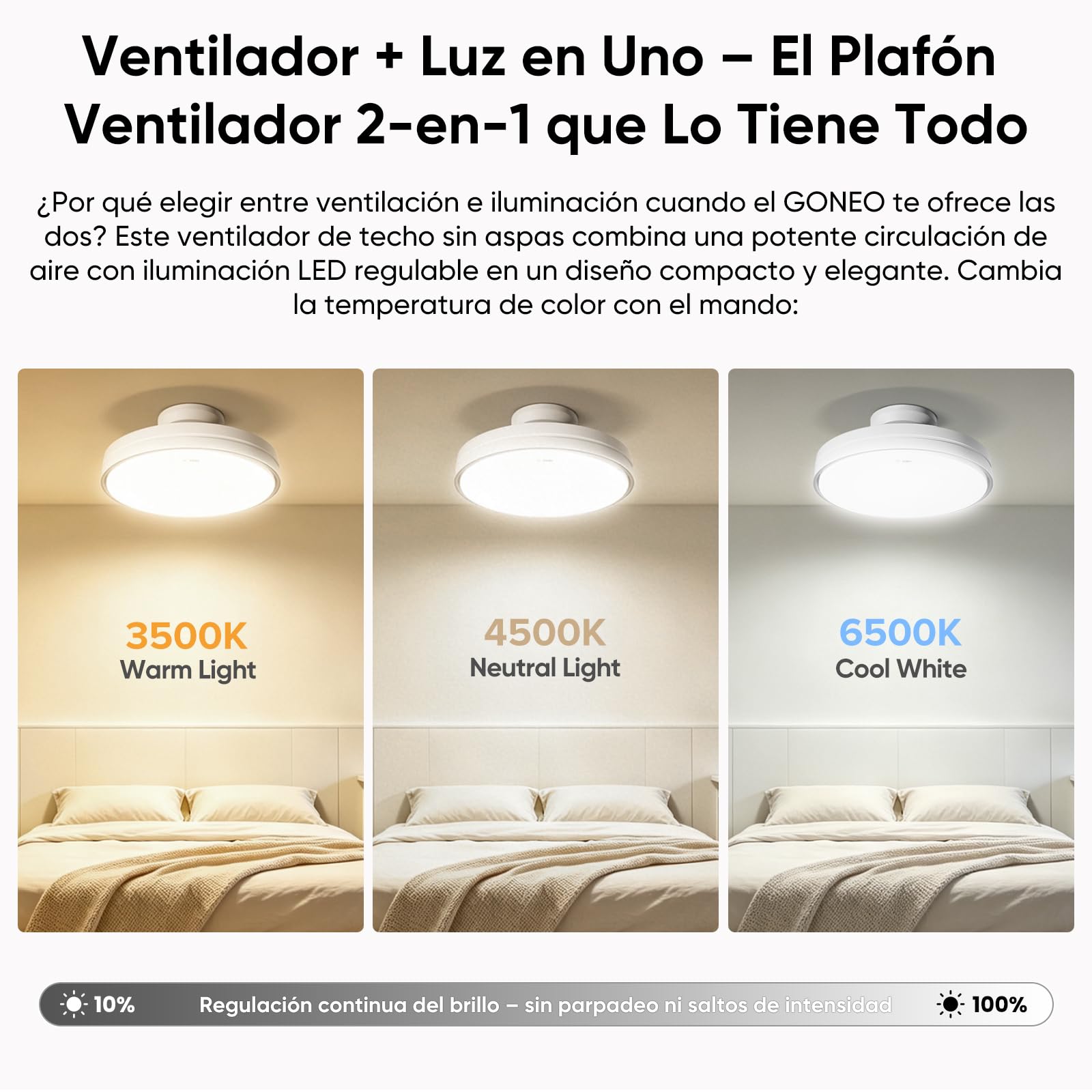 Ventilador de techo con luz LED sin aspas GONEO, ventilador silencioso con mando a distancia, lámpara ventilador para dormitorio e infantil, bajo ruido para dormir, ideal para habitación pequeña