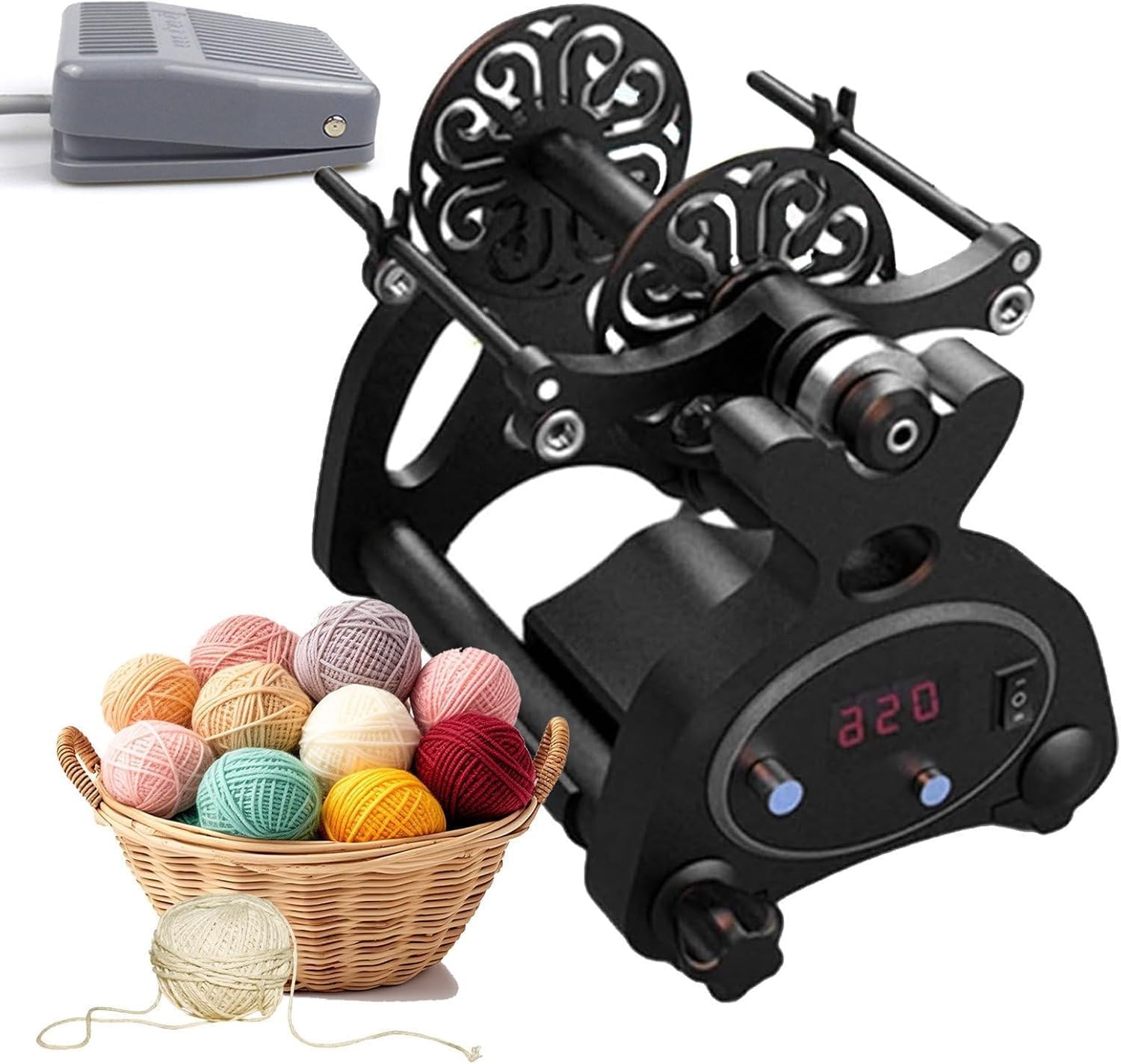 Automatic Spinning Wheel with Adjustable Speed-Stepless Adjustment,Mini Yarn Wool Ball Winder Machine-Forward & Reverse,with 4pcs Spools/Foot Control,for Yarn Weaving,Blending Roving