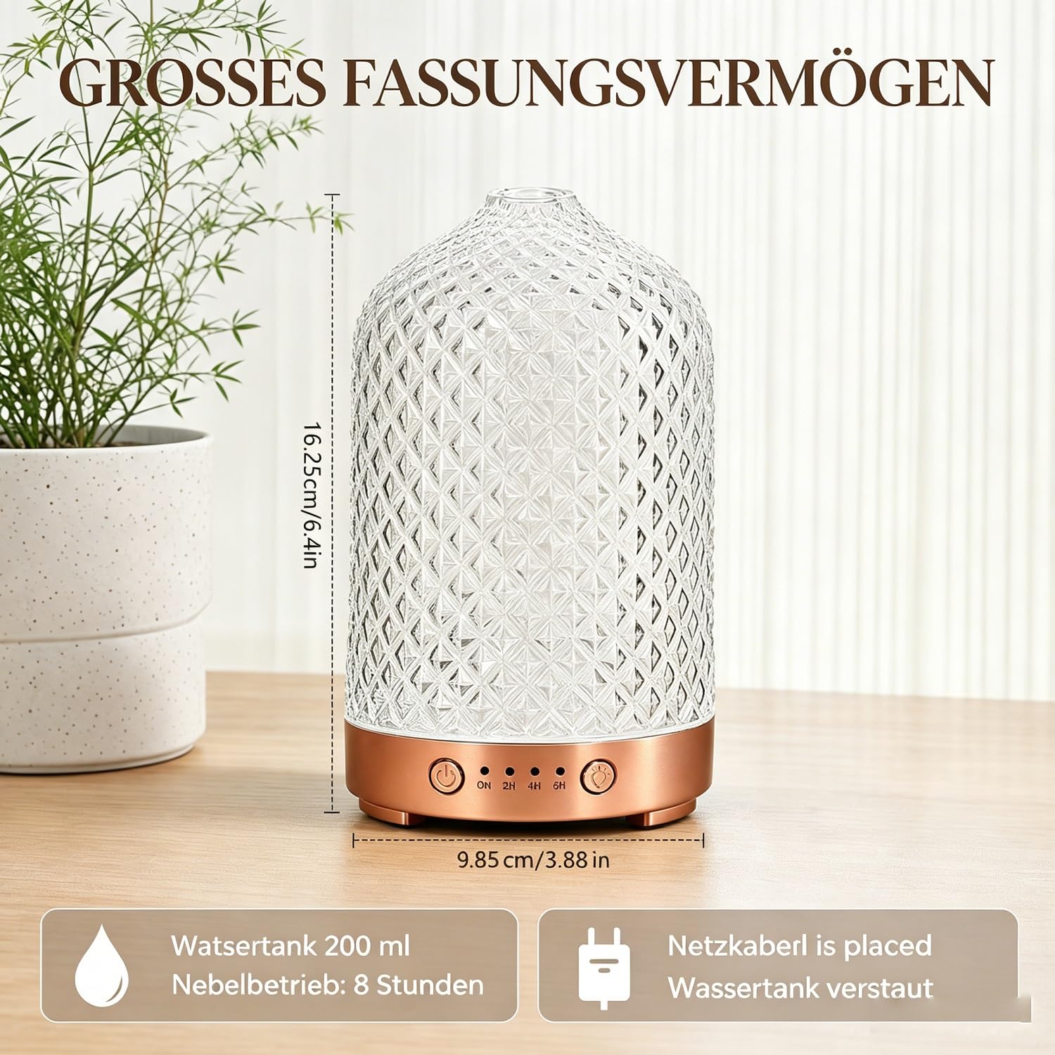 Aroma Diffuser aus Glas 200ML Ultraschall Aromatherapie Diffusor für ätherische Öle, 7 Farben-Beleuchtung, Automatische Abschaltung, Luftbefeuchter Elektrisch Duftlampe für Schlafzimmer Büro Spa