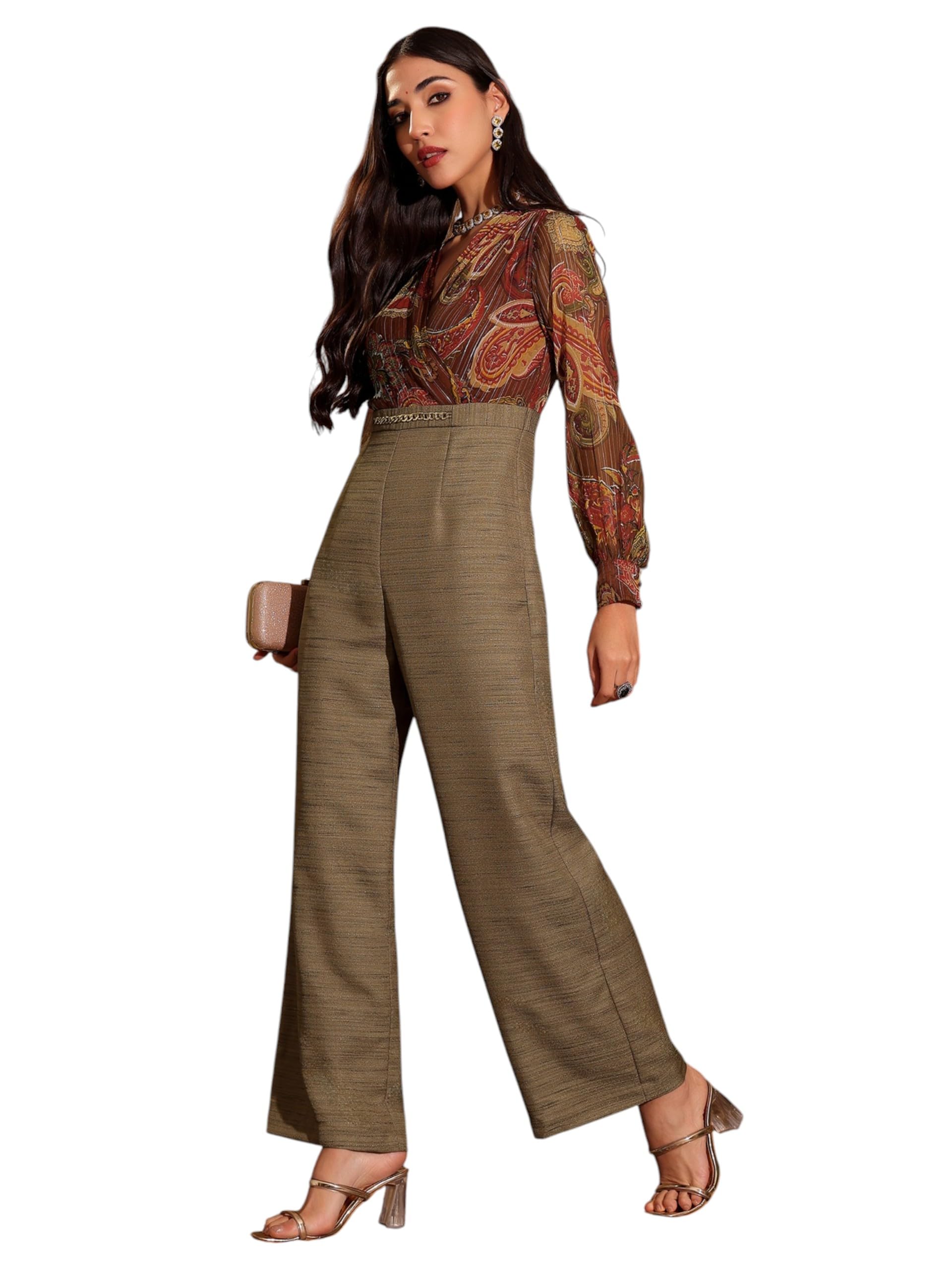 Women's V-Neck Bishop Sleeve Bohemian Patterned Straight Leg Wrap Regular Silk Jumpsuit-image-43