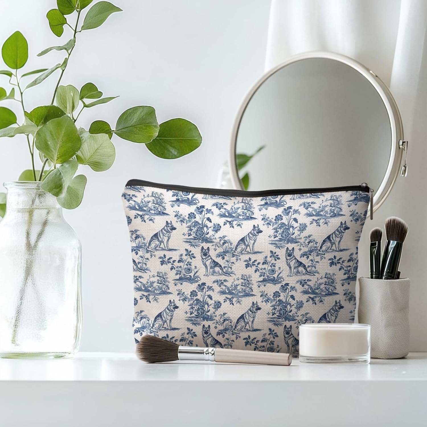 Blue and White Chinoiserie German Shepherd Makeup Bag, German Shepherd Lovers Gifts Cosmetic Bags for Women, Grandmillennial Shepherd Dog Makeup Zipper Pouch - Image 2