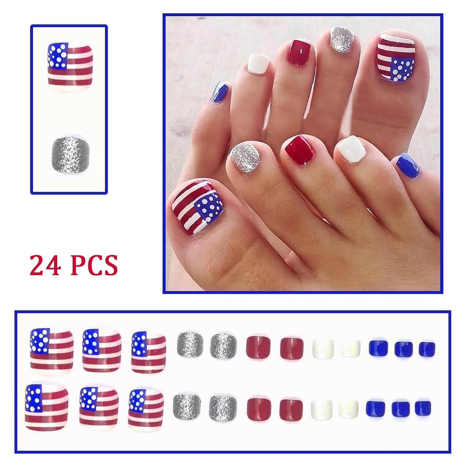 24pcs July 4th Press-On Short Square Independence Day False Toenails American Flag Red Blue White Glitter Full Cover Acrylic Reusable False Toenails Women's Independence Day Nail Art Decorations image 2