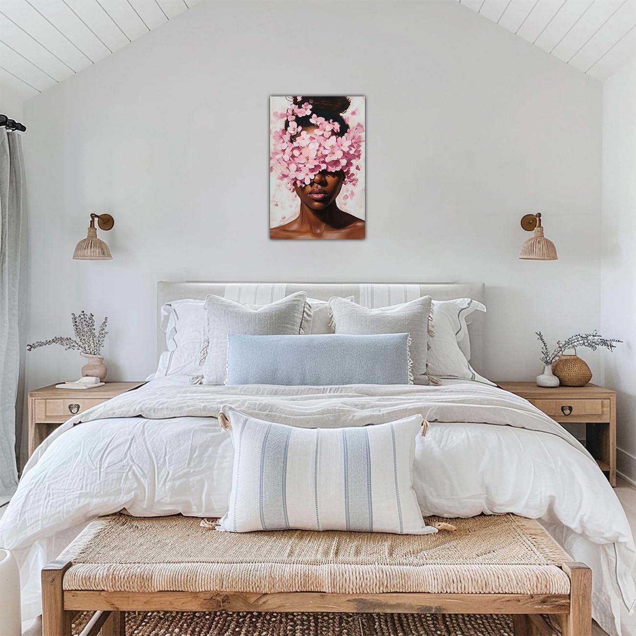 AWPANERAR African American Canvas Wall Art Black Woman Poster Painting Abstract Girl with Flowers Painting Vintage Girl Portrait Bedroom Living Room Decor (Black, (18L x 12W))