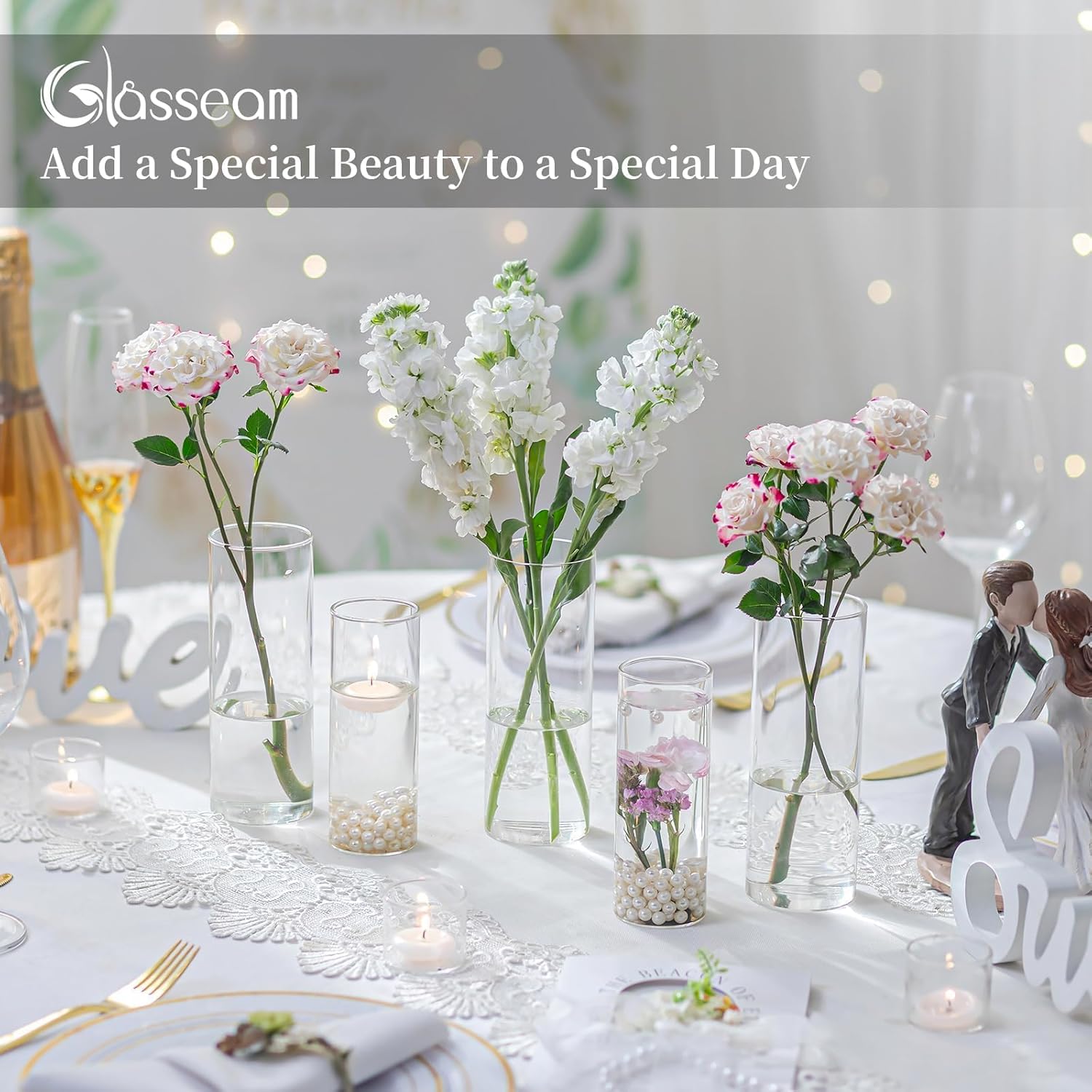 Glasseam Glass Cylinder Vase in Bulk: 12pcs Clear Small Bud Flower Vases for Centerpieces - Modern Hurricane Pillar or Floating Candle Holder for Wedding Party Table Living Room Home Decor, Tall 6"+7" - Image 3