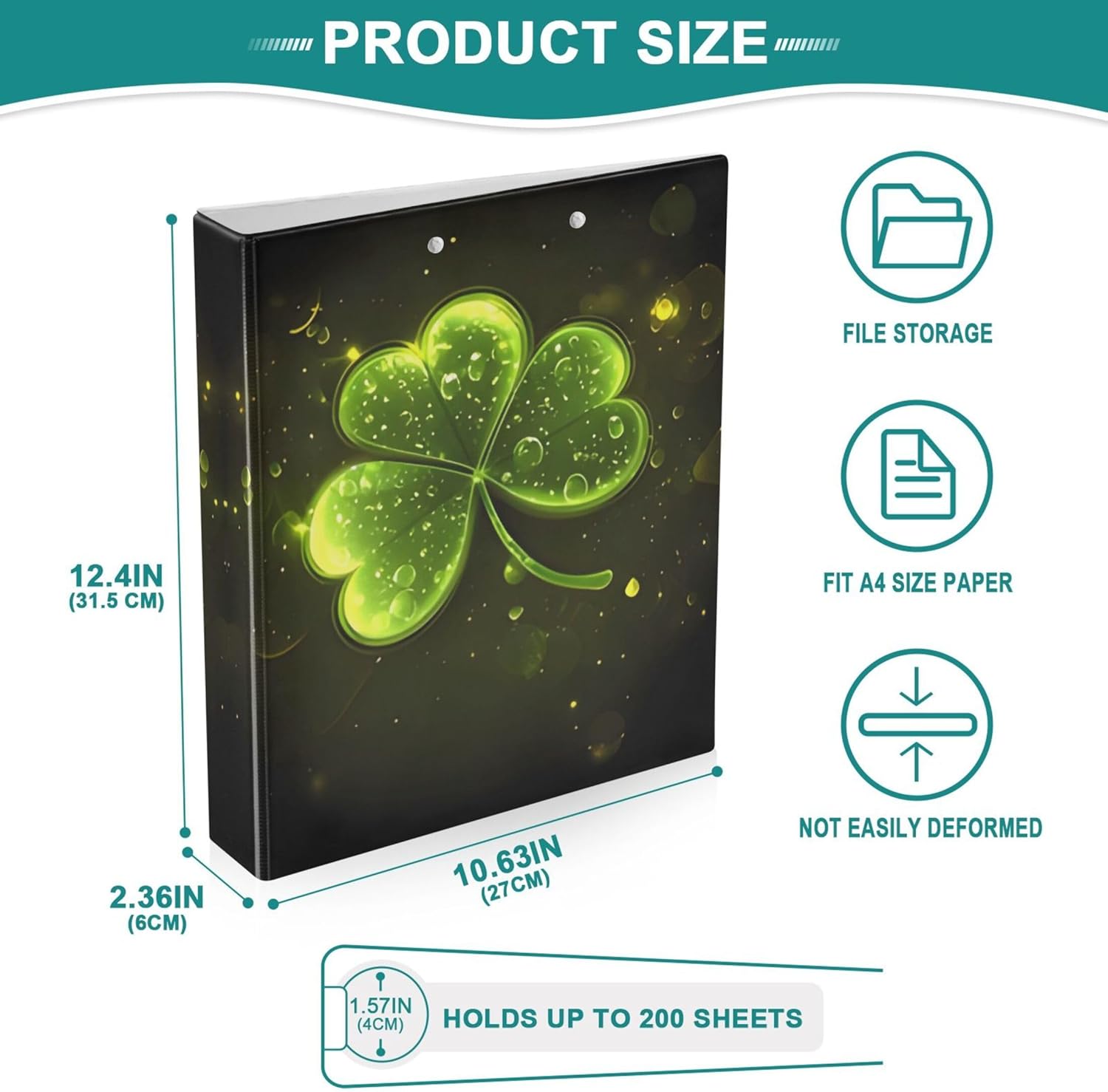 St. Patrick's Day Clover 3 Ring Binders, 1.5” Round Ring Binders with Clipboard - Letter Size, 3 Interior PVC Clear Pockets & Anti-Slip Clip for Office School Supplies, 2PCS