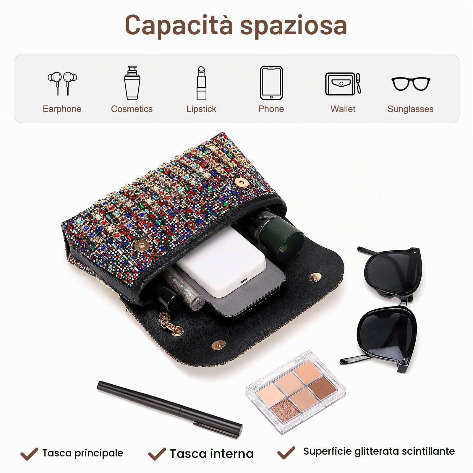 DTGN Pochette da sera da donna, formale, borsa a tracolla con catena a tracolla con strass di cristallo, scintillante ed elegante, per matrimoni, sposa, ospiti, feste, colorate, Colorato, L (US 12)